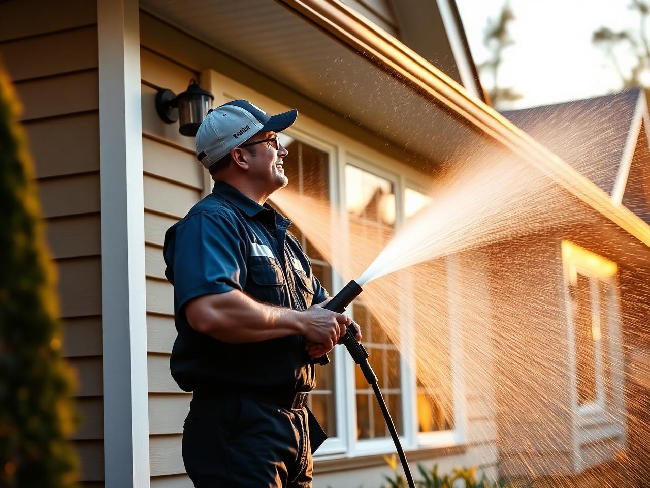 Technician soft washing a home's siding